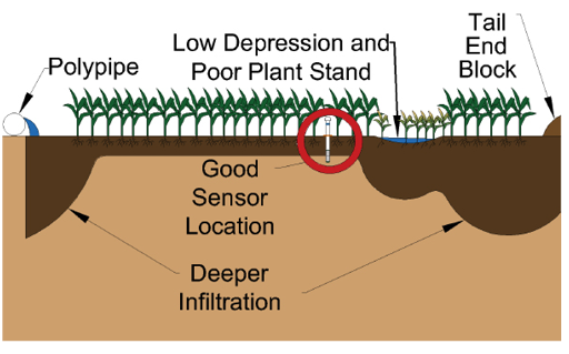 Diagram showing good sensor placement in a field. See the table under the heading Representative Area for details. 