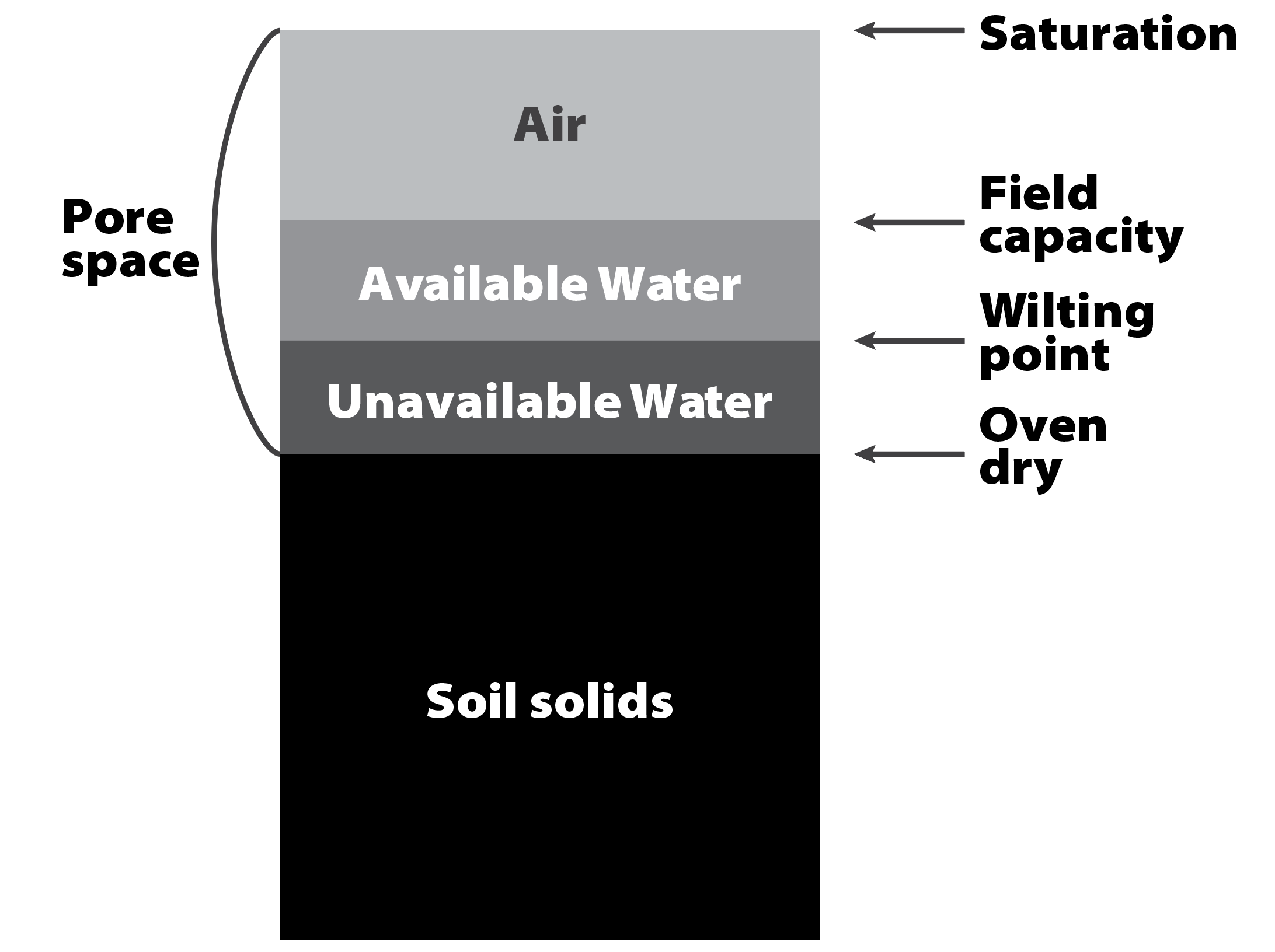 The general proportions of soils, from bottom to top: soil solids about 50%, unavailable water about 12%, available water about 12%, and air about 25%. The pore space is about 50% and includes the air, available water, and unavailable water portions. Indicators show the levels of water in soil for saturation, field capacity, wilting point, and oven dry.