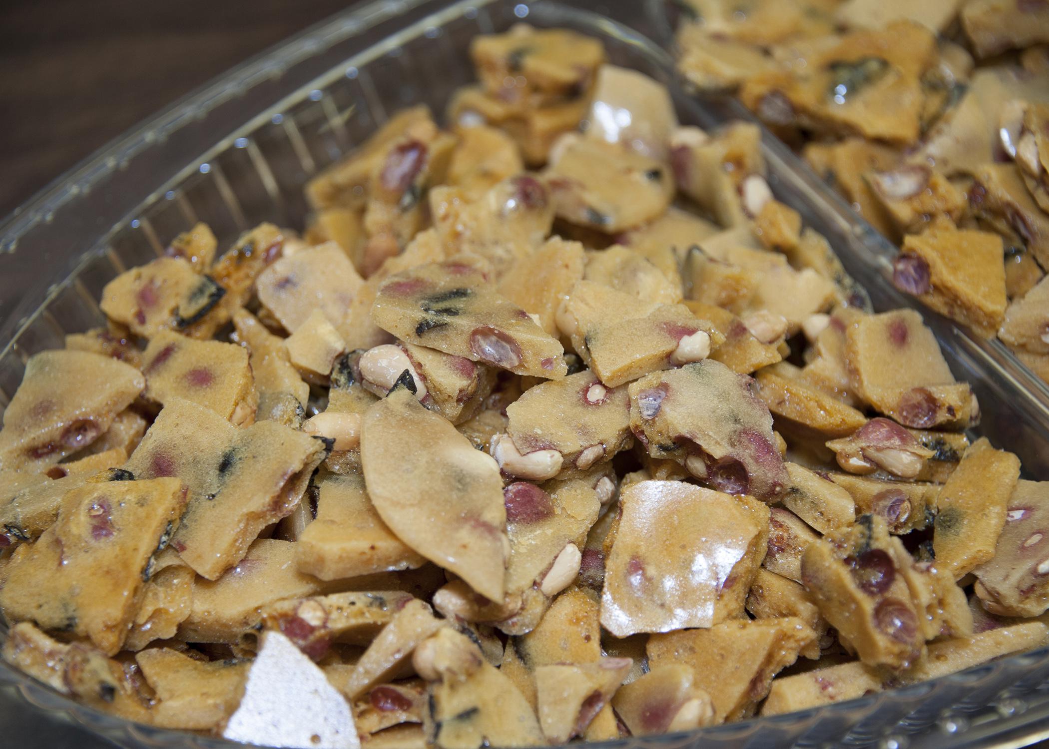 High protein insects can be cultivated for human consumption and added to a variety of foods, such as this peanut brittle studded with black soldier fly larvae. (Photo by MSU Ag Communications/Kat Lawrence)