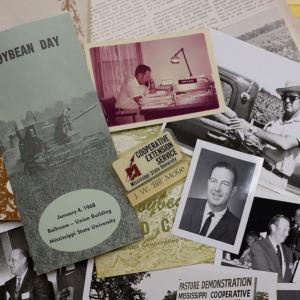 A collage of soybean-related materials, photographs, and a nametag that reads, “J.W. ‘Bill’ McKie, Cooperative Extension Service, Mississippi State University.”