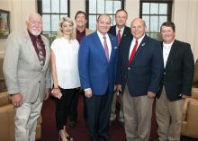 AFBF Group: Mississippi State University President Mark E. Keenum, center, met with American Farm Bureau Federation President Zippy Duvall, second from right, June 21 in Starkville, Mississippi. Duvall visited MSU for meetings with university leaders and tours of campus facilities. The meeting also included, left to right, MSU Associate Vice President for the Division of Agriculture, Forestry and Veterinary Medicine Bill Herndon; AFBF Director of Executive Communications and Projects Lynne Finnerty; MSU Vic