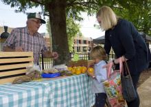 An upcoming Farm Fresh and Healthy Tour in and around Starkville, Mississippi, will show participants where their food comes from before it ends up at a local market. Here, Debra Shafer and her grandson Sam Shafer of Starkville browse produce at the Starkville Farmers Market May 2, 2017. (Photo by MSU Extension Service/Kevin Hudson)