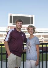 Marjan de Regt, right, a Washington County row crop farmer from the Netherlands, visits her son, Skyler, an agribusiness major at Mississippi State University. (Photo by MSU Extension Service/Kat Lawrence)