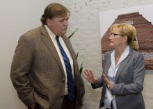 Gary Jackson, director of the Mississippi State University Extension Service, discusses the 2016 MSU Row Crop Short Course with Mississippi Commissioner of Agriculture and Commerce Cindy Hyde-Smith on Dec. 6, 2016. (Photo by MSU Extension Service/Kevin Hudson)