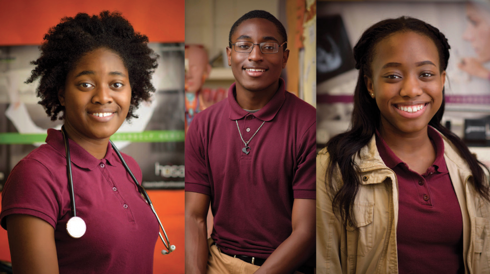 Headshot photos of two young women and a young man.