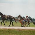 Harness drivers Floyd Bell of Starkville (left) and Henry McDonald of Louisville took their horses for a practice run over the Mississippi Horse Park's newly renovated race track. They were among participants at the track dedication ceremony. The 5/8-mile oval may be scheduled for practice on Tuesday evenings. The next race tentatively is planned for late September. (Photo by Bob Ratliff)