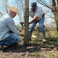 Two men tie barbed wire around a fence post.