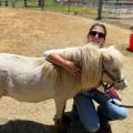 A woman kneels beside a small horse that she is hugging.