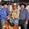 Bricklee Miller, manager of the Mississippi Horse Park at Mississippi State University, receives the Better Barrel Racing Association's Producer of the Year trophy from Garrett Yerigan, left, and Destry Fleming at the barrel racing finals in Oklahoma City on April 26, 2014. (Submitted Photo)