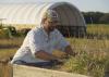 A man in a baseball cap reaches into a patch of grass, while a tractor and a white, high-tunnel structure stand behind him.