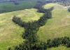 Aerial view of fields with a tree-lined creek running through the middle.