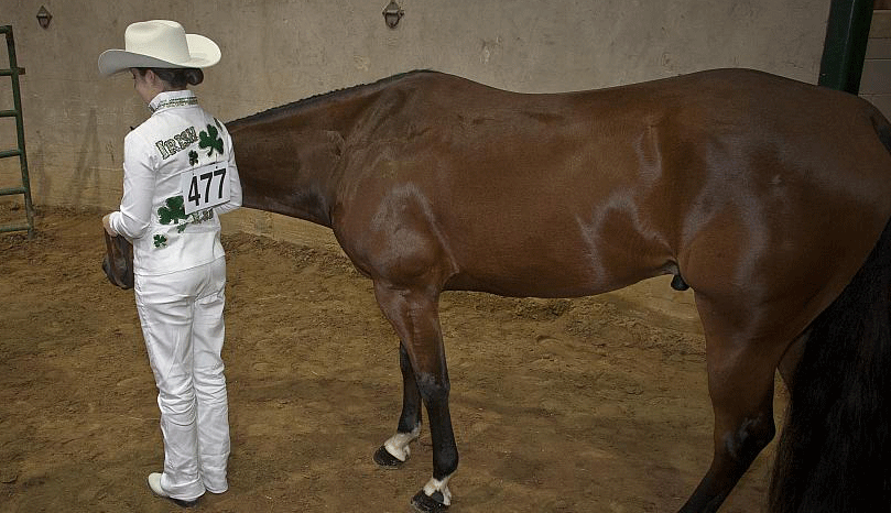 A 4-H'er with her livestock before showing.